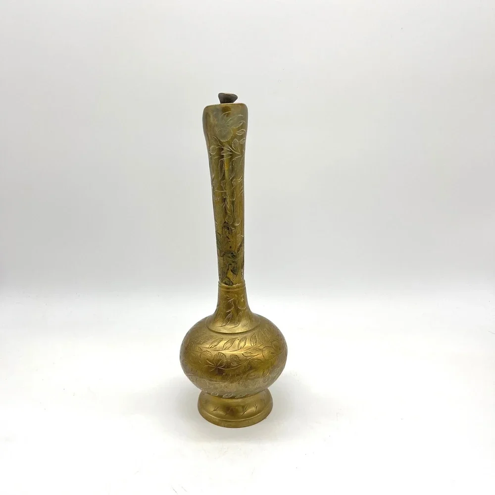 Vintage World Gift India Hand Etched Brass Pitcher Vase Floral Design 10.5